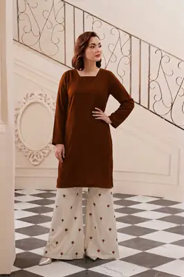 2 Pcs Women's Stitched Linen Embroidered Shirt And Trouser