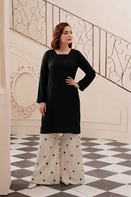 2 Pcs Women's Stitched Linen Embroidered Shirt And Trouser