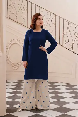 2 Pcs Women's Stitched Linen Embroidered Shirt And Trouser