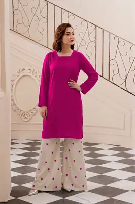 2 Pcs Women's Stitched Linen Embroidered Shirt And Trouser thumbnail 3
