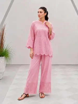 2 Pcs Women's Stitched Cotton Chikankari Embroidered Shirt And Trouser thumbnail 4