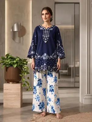 2 Pcs Women's Stitched Cotton Embroidered Shirt And Trouser