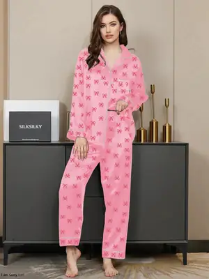 2 Pcs Women's Stitched Silk Printed Night Suit