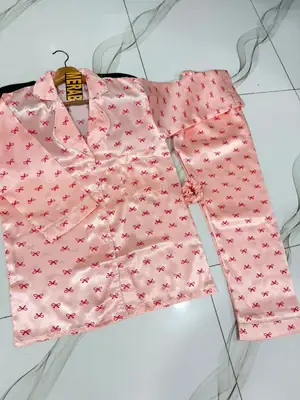 2 Pcs Women's Stitched Silk Printed Night Suit thumbnail 4