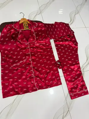 2 Pcs Women's Stitched Silk Printed Night Suit thumbnail 4