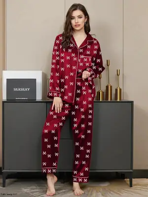 2 Pcs Women's Stitched Silk Printed Night Suit thumbnail 5