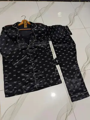 2 Pcs Women's Stitched Silk Printed Night Suit thumbnail 4