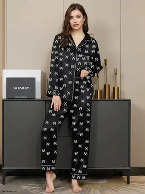 2 Pcs Women's Stitched Silk Printed Night Suit thumbnail 5