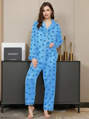 2 Pcs Women's Stitched Silk Printed Night Suit