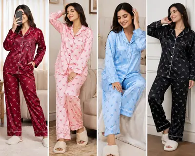 2 Pcs Women's Stitched Silk Printed Night Suit thumbnail 2