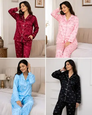 2 Pcs Women's Stitched Silk Printed Night Suit thumbnail 3