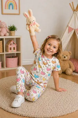 2 Pcs Girl's Stitched Jersey Printed Pajama And Shirt