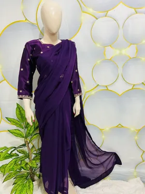 Purple Star Embroidered Chiffon Saree Set thumbnail 2