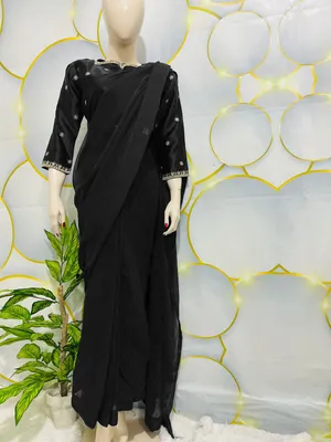 Black Star Embroidered Chiffon Saree Set for Women thumbnail 3