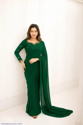 Green Star Embroidered Chiffon Saree Set for Women