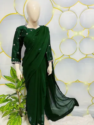 Green Star Embroidered Chiffon Saree Set for Women thumbnail 3