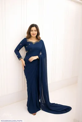 Blue Star Embroidered Silk Saree Set for Women