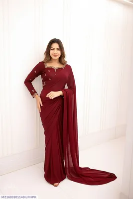 Maroon Embroidered Chiffon Saree Set for Women