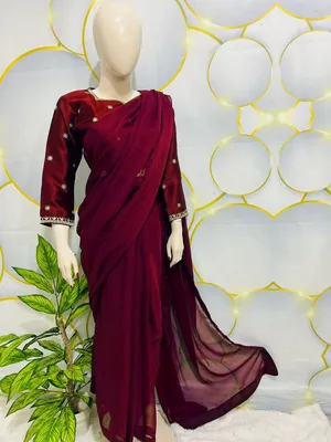 Maroon Embroidered Chiffon Saree Set for Women thumbnail 3