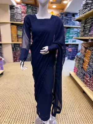 3 Pcs Women’s Chiffon Plain Stitched Saree thumbnail 3