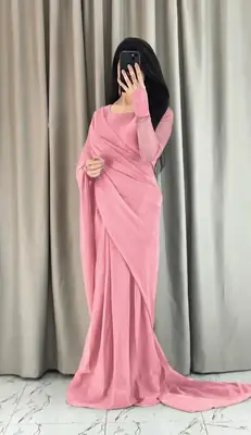 3 Pcs Women’s Chiffon Plain Stitched Saree