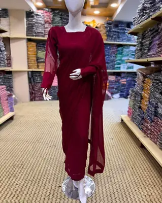 3 Pcs Women’s Chiffon Plain Stitched Saree thumbnail 3