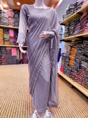 3 Pcs Women’s Chiffon Plain Stitched Saree thumbnail 2