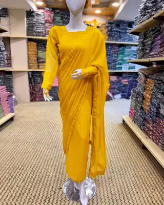 3 Pcs Women’s Chiffon Plain Stitched Saree thumbnail 3