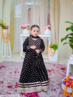 Kids Black Lace Work Maxi Set 4Pcs With Dupatta