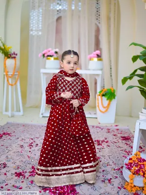 Kids Red Lace Work Maxi Set 4Pcs With Dupatta