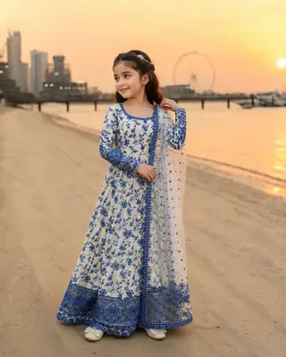 3 Pcs Girl's Karandi Printed Frock And Trouser Set thumbnail 5
