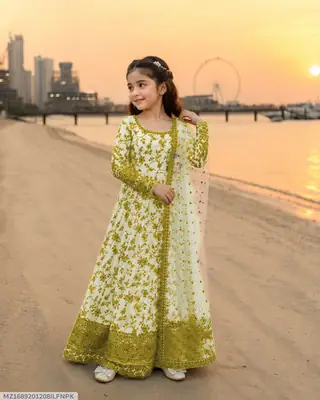 3 Pcs Girl's Karandi Printed Frock And Trouser Set