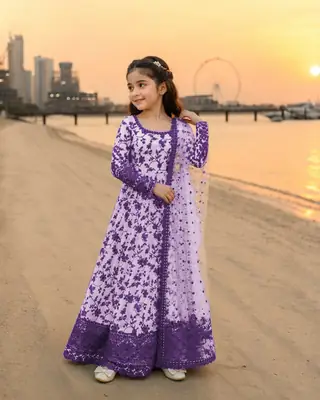 3 Pcs Girl's Karandi Printed Frock And Trouser Set thumbnail 4