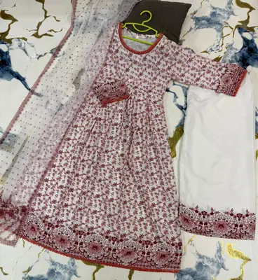 3 Pcs Girl's Karandi Printed Frock And Trouser Set thumbnail 2