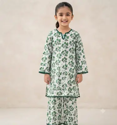 2 Pcs Girl's Cotton Printed Shirt And Trouser Suit