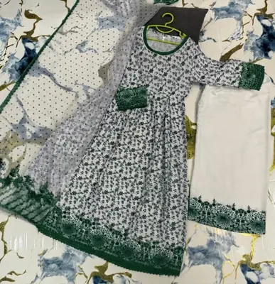 3 Pcs Girl's Arabic Lawn Printed Shirt And Trouser Suit thumbnail 3