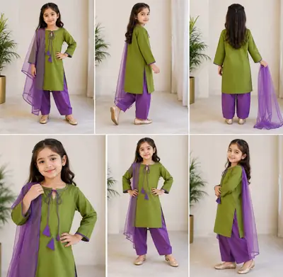 3 Pcs Girl's Cotton Plain Stitched Suit thumbnail 3