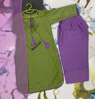 3 Pcs Girl's Cotton Plain Stitched Suit thumbnail 5