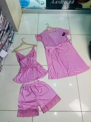 3 pcs Jersey Lace Comfortable And Breathable Nightwear Set thumbnail 3