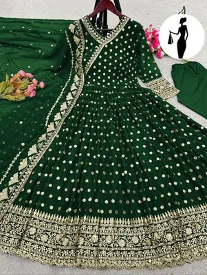 Green Embroidered Angrakha Maxi Suit 3Pcs Chiffon Set