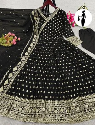 Black Embroidered Angrakha Maxi Suit 3Pcs Chiffon Set