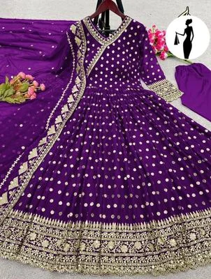 Purple Embroidered Angrakha Maxi Suit 3Pcs Chiffon Set