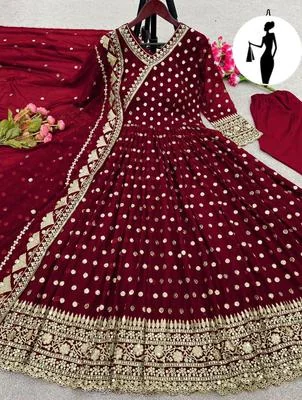 Maroon Embroidered Maxi Suit 3Pcs Chiffon U-Neck