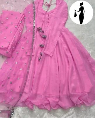 Pink Chiffon Maxi Suit with Lace Dupatta for Women
