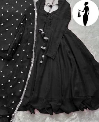 Black V-Neck Maxi Suit 3Pcs With Lace Dupatta