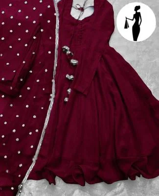 Maroon V-Neck Maxi Suit 3Pcs With Lace Dupatta