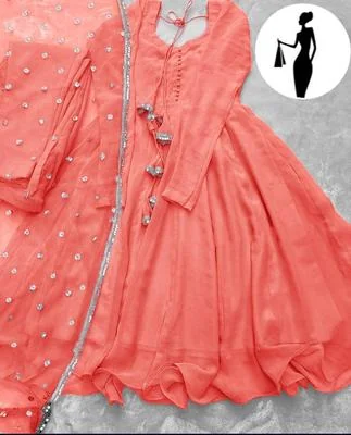 Peach Chiffon V-Neck Maxi Suit 3Pcs With Lace Dupatta