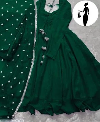 Green V-Neck Chiffon Maxi Suit 3Pcs With Lace Dupatta thumbnail 3