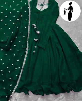 Green V-Neck Chiffon Maxi Suit 3Pcs With Lace Dupatta