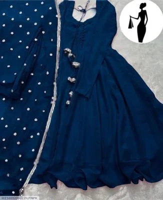 Blue V-Neck Maxi Suit 3Pcs With Lace Dupatta thumbnail 3